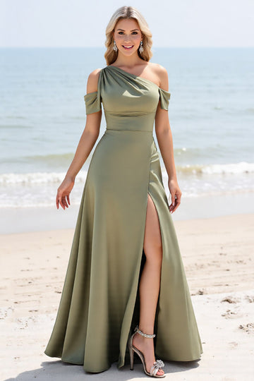 Olive A Line Cold Shoulder Pleated Long Bridesmaid Dress